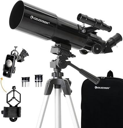 Celestron Travel Scope 80 Portable Refractor Telescope Kit – 80mm Aperture for Planets & Deep Sky, Includes Smartphone Adapter & Backpack – Beginner Friendly