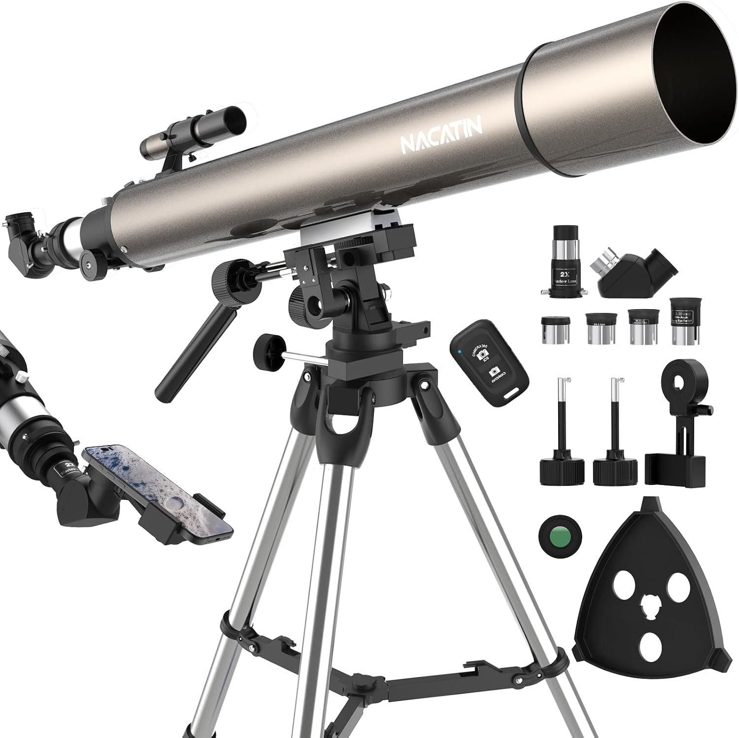 NACATIN 102mm Aperture 900mm Refractor Telescope for Adults – High Power Scope with Dual Slow-Motion Rods for Moon & Planets