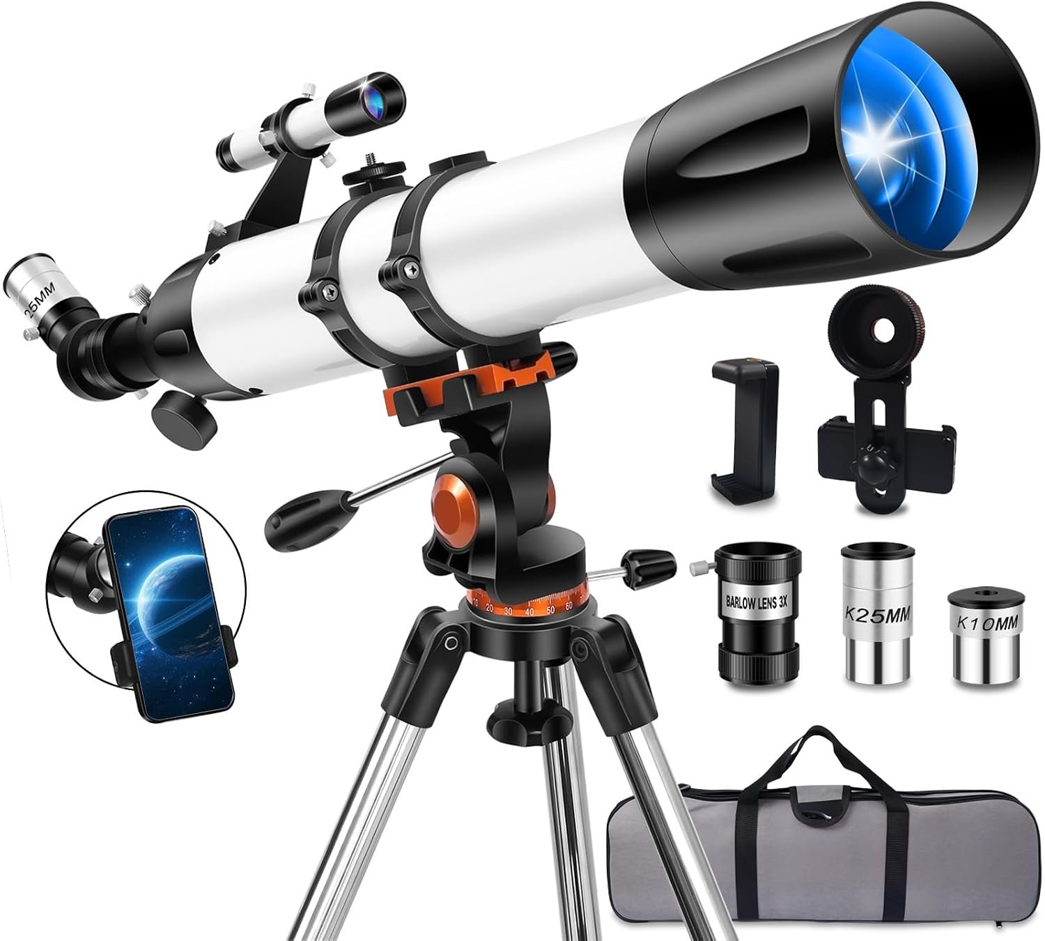 High-Powered 90mm Aperture 800mm Refractor Telescope for Adults & Beginners – 32X-240X Magnification Astronomy Scope with AZ Mount Tripod, Phone Adapter & Carry Bag
