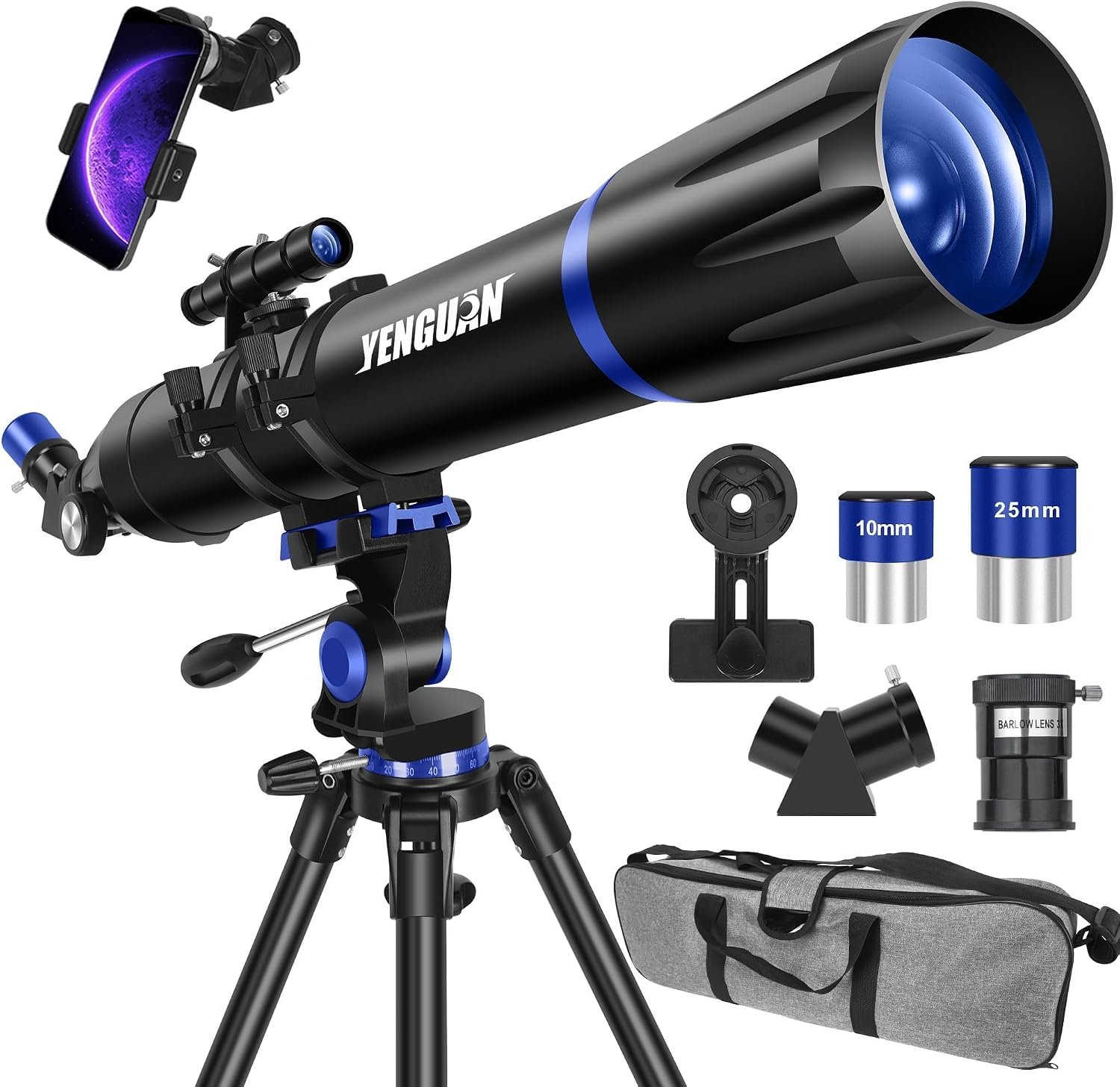 90mm Aperture 800mm Refractor Telescope for Adults & Kids – High-Powered Astronomy Scope with Stainless Steel Tripod, Phone Adapter & Carrying Bag
