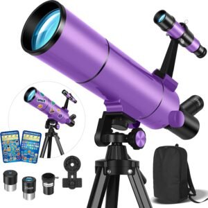 80mm Refractor Telescope for Adults & Beginners – 500mm Portable Astronomy Scope (20X–150X) with Tripod, Phone Adapter, Backpack & Stickers (Purple)
