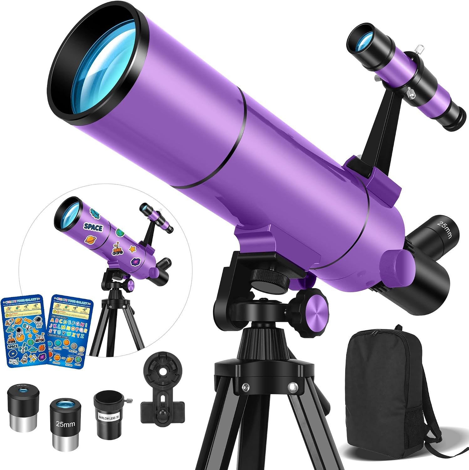 80mm Refractor Telescope for Adults & Beginners – 500mm Portable Astronomy Scope (20X–150X) with Tripod, Phone Adapter, Backpack & Stickers (Purple)