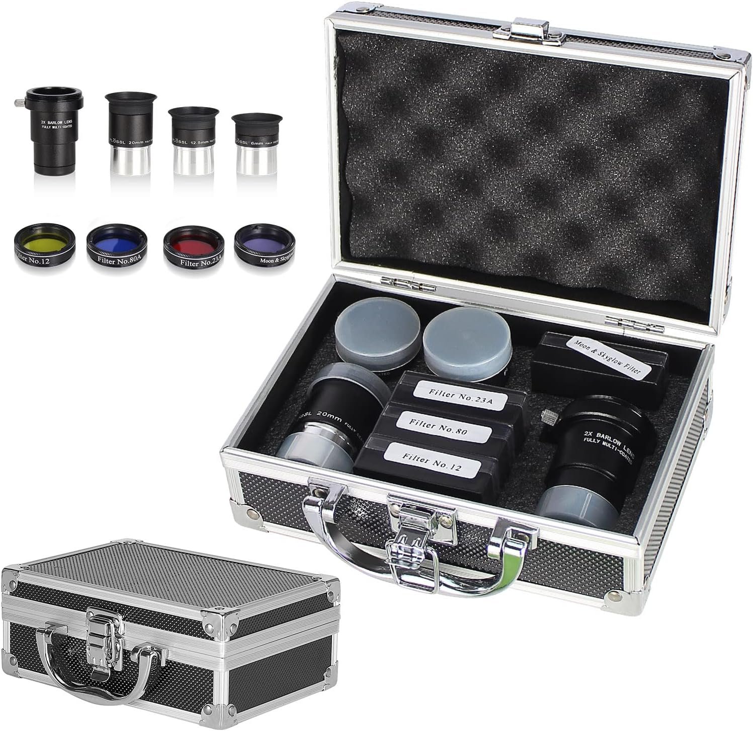 Astronomical Telescope Accessory Kit – 3 Plössl Eyepieces, 4-Piece Telescope Filter Set & 2X Barlow Lens