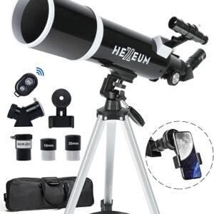 Koolpte 80mm Telescope for Adults & Beginners – 600mm FMC Refractor Telescope with AZ Mount, Tripod, Smartphone Adapter, Wireless Remote & Travel Bag