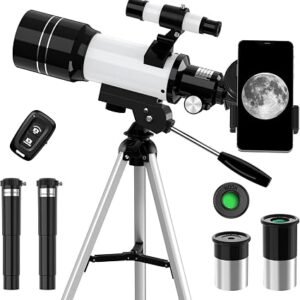 Portable 70mm Astronomical Refractor Telescope (15X–150X) with FMC Optics & Smartphone Adapter – Easy Beginner Set for Kids & Adults