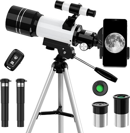 Portable 70mm Astronomical Refractor Telescope (15X–150X) with FMC Optics & Smartphone Adapter – Easy Beginner Set for Kids & Adults