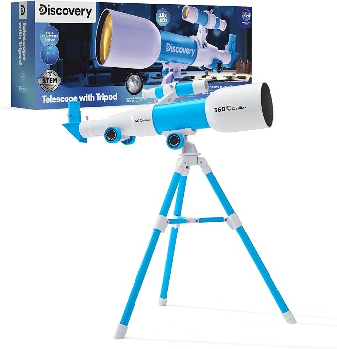 Discovery Kids Refractor Telescope with Tripod – STEM Astronomy Toy with 18x & 60x Lenses, Finderscope & Diagonal Mirror – Beginner Space & Moon Viewer for Boys & Girls Ages 6+
